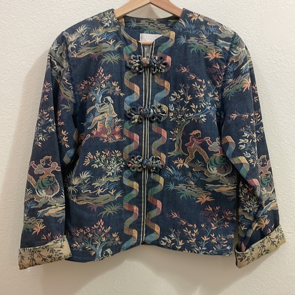 Vintage Doncaster Folk Toile Tapestry Frog Closure Jacket